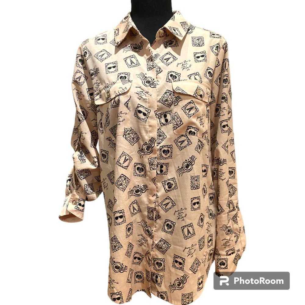 Karl Lagerfeld Vintage Women's light pink Paris Postage Stamps‎ button down sz S